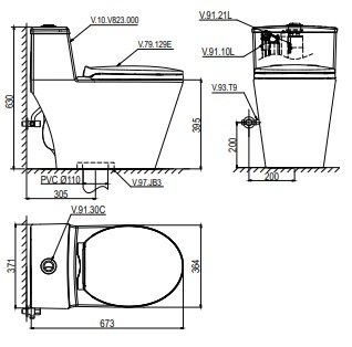 Thông số kích thước chi tiết bàn cầu Viglacera V823