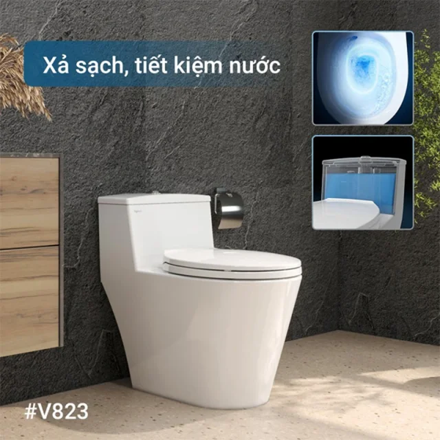 Bồn cầu 1 khối Viglacera V823 – Men kháng khuẩn ViGuard, Xả Max Vortex, Bảo hành 10 năm