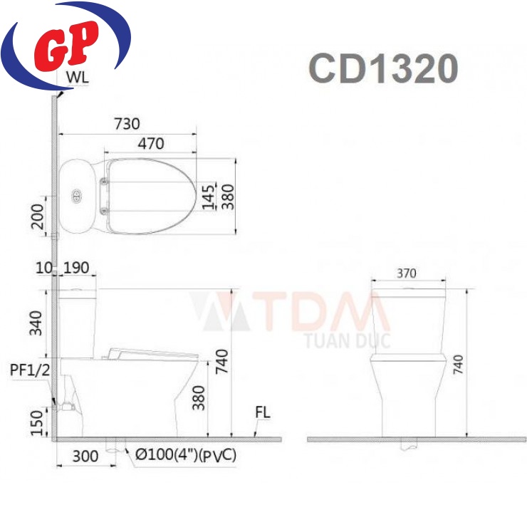 Bồn Cầu CAESAR CD1320 Thùng T2220 Nắp Êm