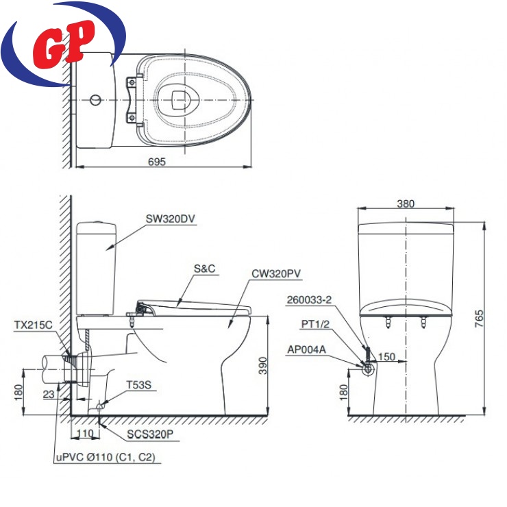 Bồn Cầu 2 Khối TOTO CS320PDRT3 Nắp TC385VS Thoát Ngang