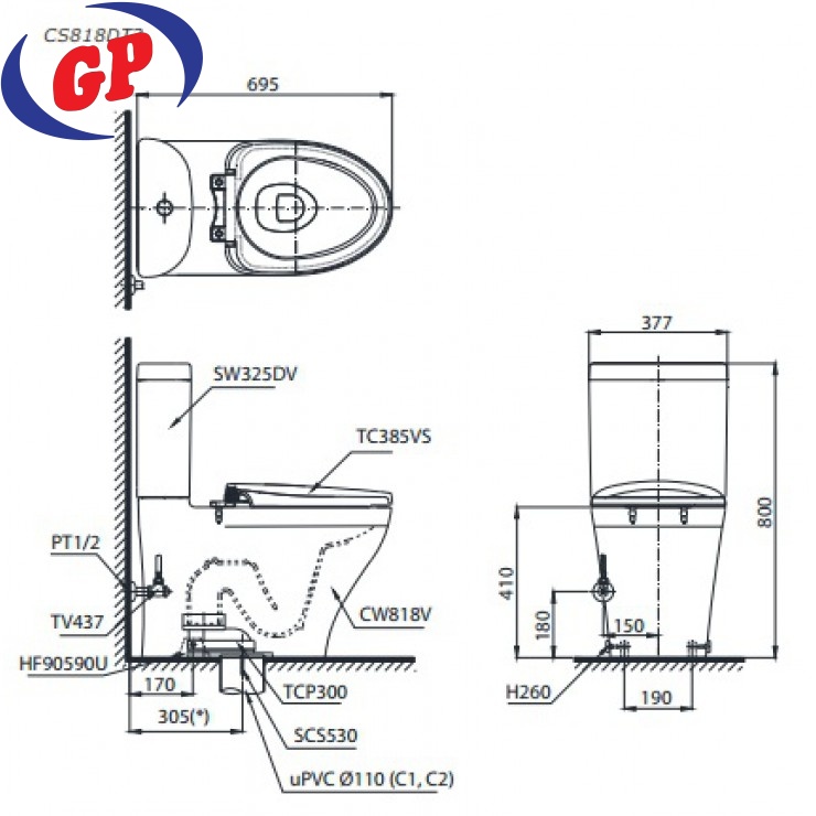 Bồn Cầu Hai Khối TOTO CS818DT3 Nắp TC385VS