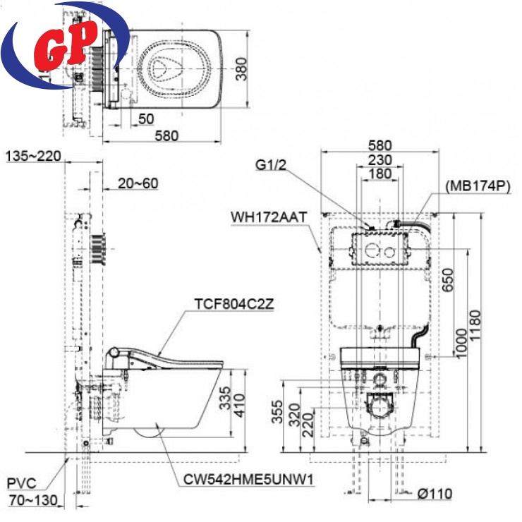 Bồn Cầu TOTO CW522EA/TCF804C2Z/WH172AAT Nắp Điện Tử Treo Tường