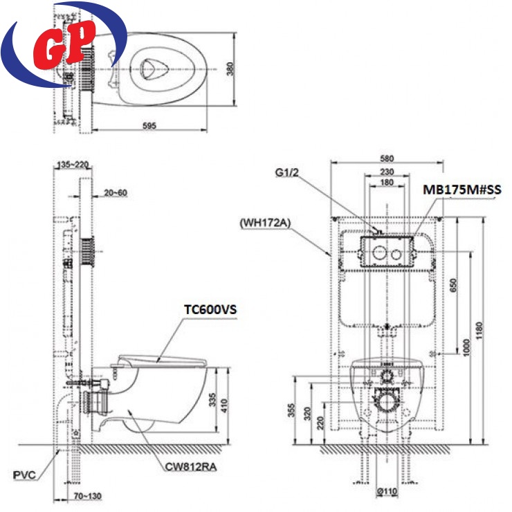 Bồn Cầu TOTO CW812RA/TC600VS/WH172A/MB175M#SS Treo Tường