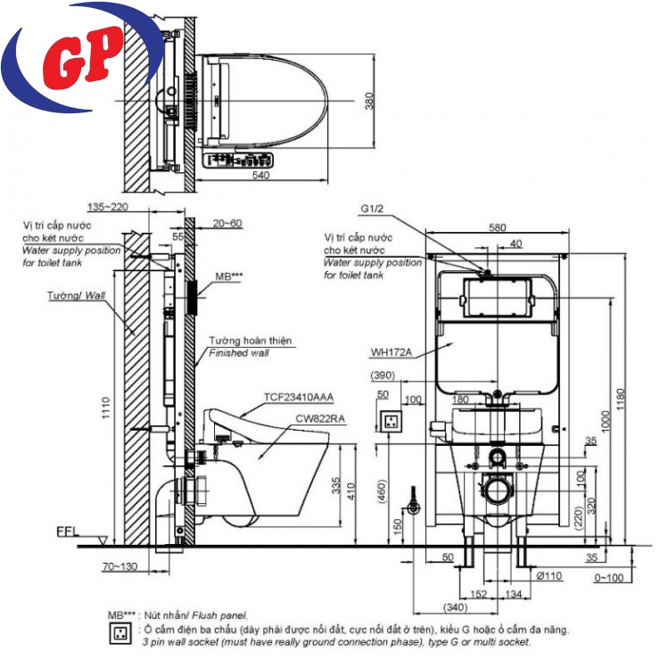 Thân Bồn Cầu TOTO CW822RA/TCF23410AAA/WH172A Nắp Điện Tử Treo Tường