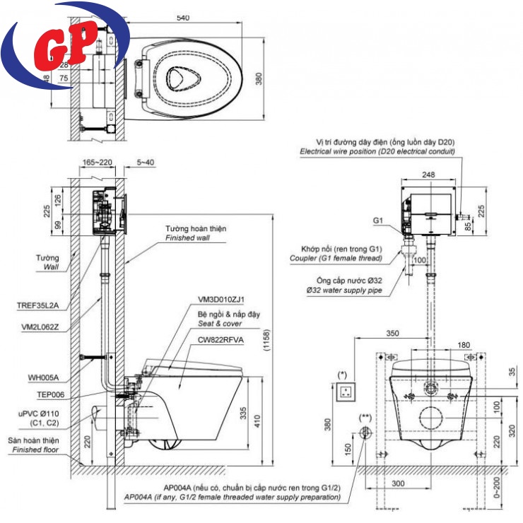 Bồn Cầu TOTO CW822RFVA1/TREF35L2A/WH005A Treo Tường Xả Cảm Ứng