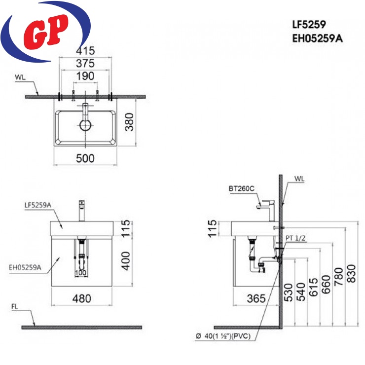 Bộ Tủ Lavabo Caesar LF5259/EH05259ATG Xám Đậm