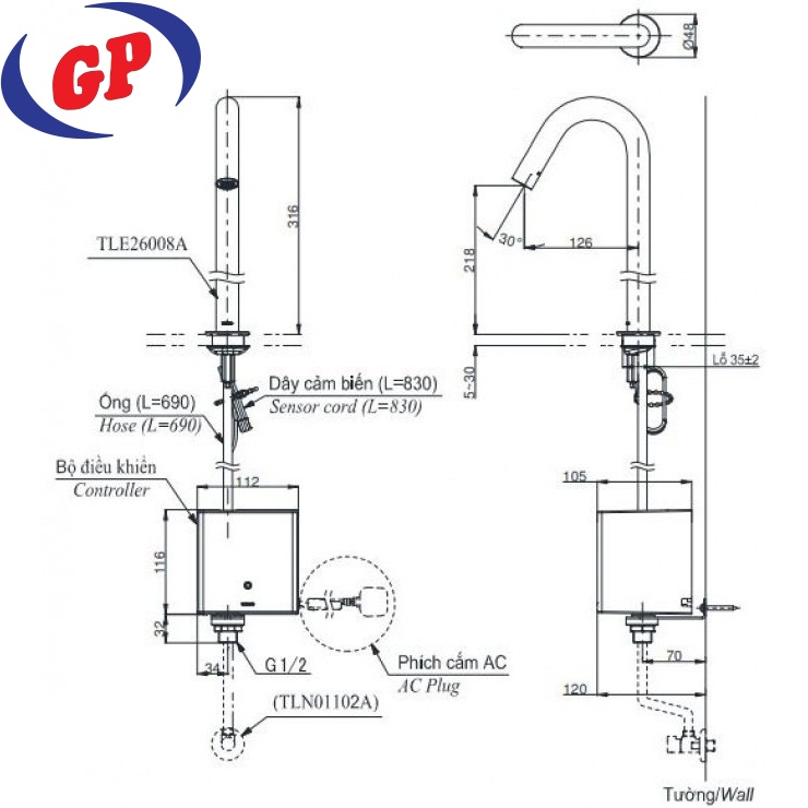 Vòi Lavabo Cảm Ứng TOTO TLE26008A/TLE01502A1/TLN01102A Thân Cao 220V 2L