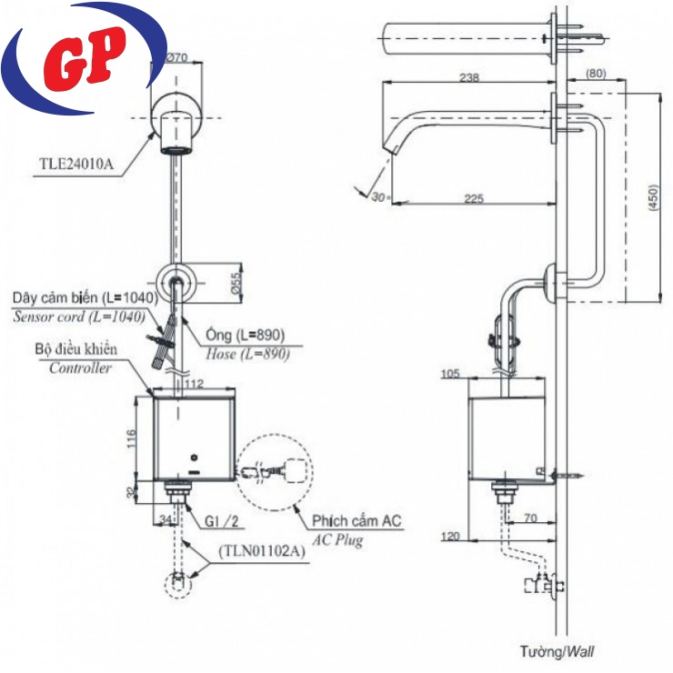 Vòi Lavabo Cảm Ứng TOTO TLE24010A/TLE01502A1/TLN01102A Gắn Tường 220V 2L