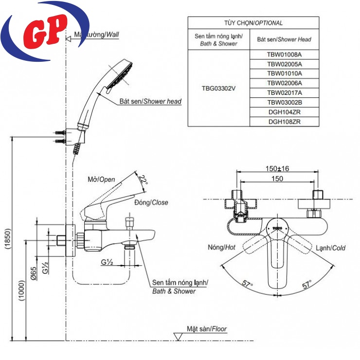 Vòi Sen Tắm TOTO TBG04302VA/DGH104ZR Nóng Lạnh