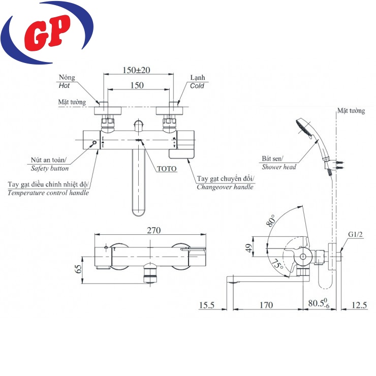 Vòi Sen Tắm Nhiệt Độ Nhật TOTO TBV03427V/DGH104ZR Xả Bồn