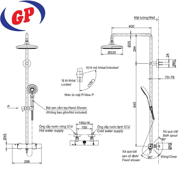 Vòi Sen Cây TOTO TBW01402BB (TBW01402B) Nhiệt Độ