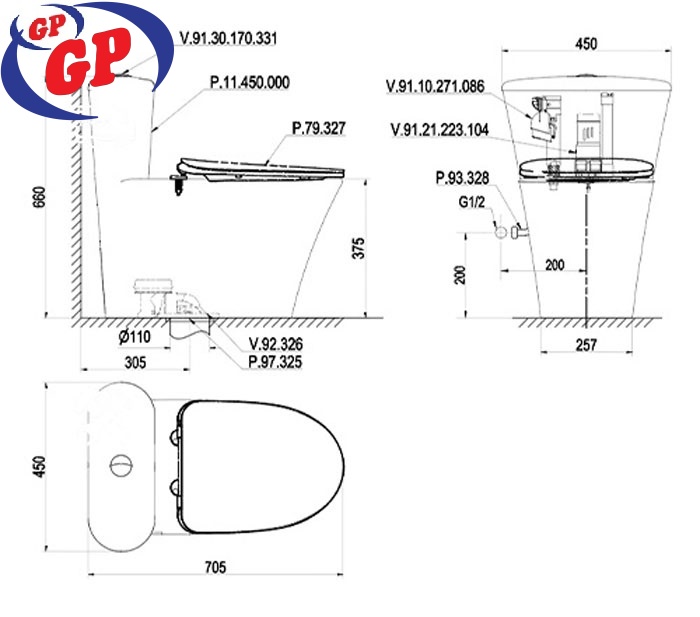 Bồn cầu 1 khối Viglacera Platinum P.11.450, phụ kiện Thụy Sỹ